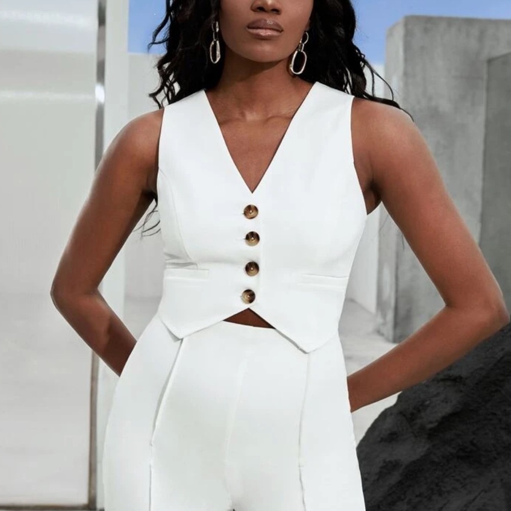 Chic Button Front V Neck Vest White Blazer